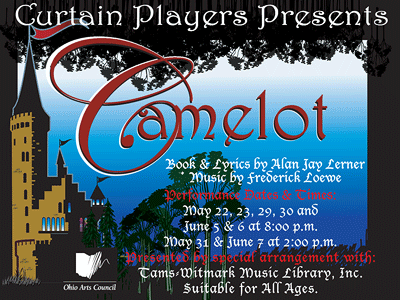 Postcard: Curtain Players Presents 'Camelot', Book & Lyrics by Alan Jay Lerner, Music by Frederick Loewe; May 22 - June 7, 2009; Directed by J.B. Jasiunas; Performance Dates & Times: May 22, 23, 29, 30 and June 5 & 6 at 8:00 p.m.; May 31 & June 7 at 2:00 p.m.; Presented by special arrangement with: Tams-Witmark Music Library, Inc. Suitable for All Ages.